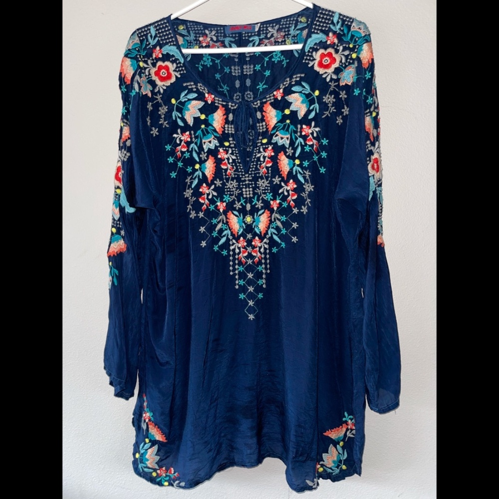 Johnny Was Blue Julie Sunrise Embroidered Blouse, XL